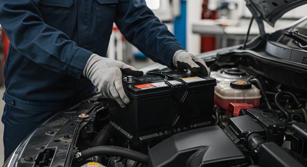 車のバッテリーを交換する整備士